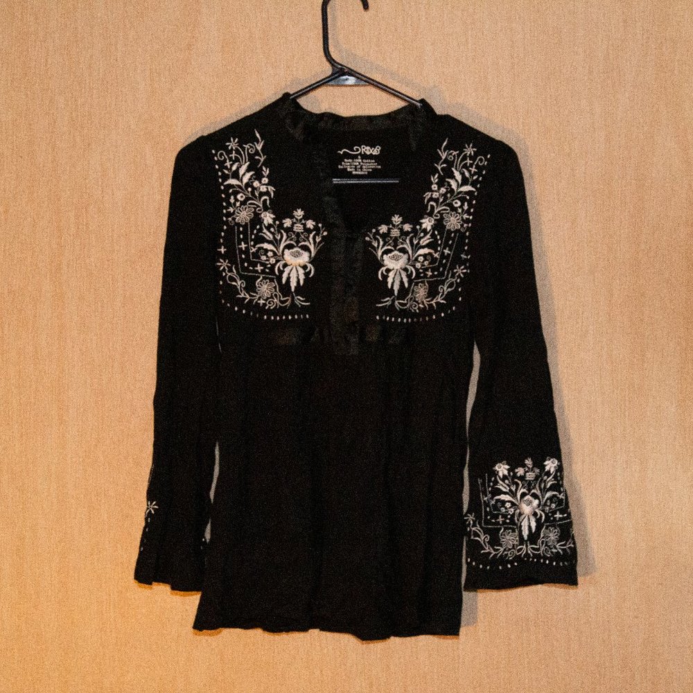 RxB Women's Black Long Sleeve V Neck Shirt with White Floral Embroidery, Size S